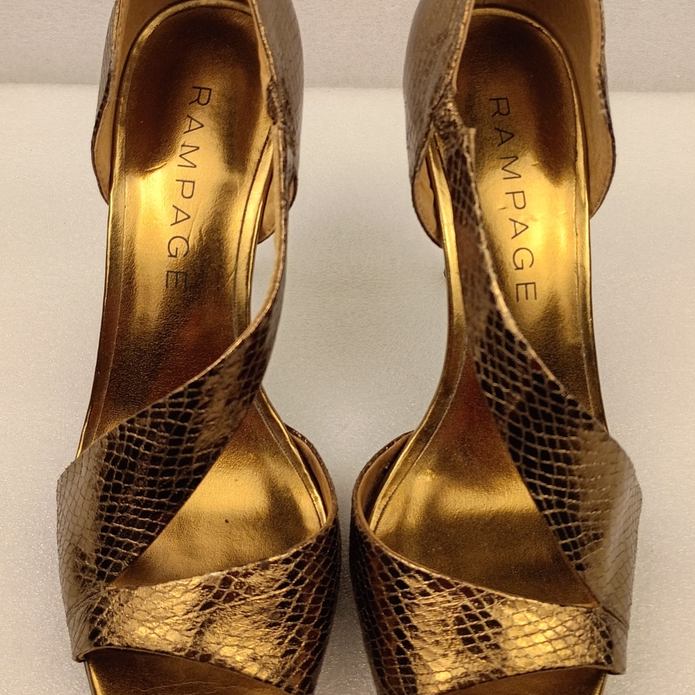 Rampage Gold Snake Embossed Open Toe Heels Size 7.5 M Women’s - Picture 2 of 8